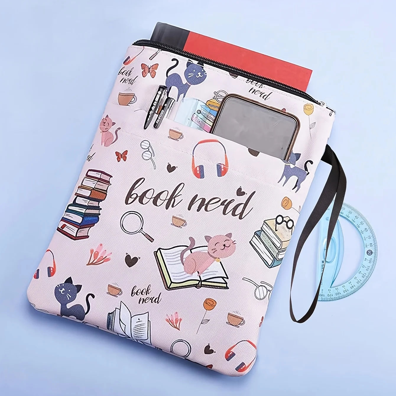 1pc "Book Nerd" Themed Fabric Book Sleeve with Zipper - Durable, Washable Cover for Paperbacks, Featuring Books & Cat Design Oasis Select