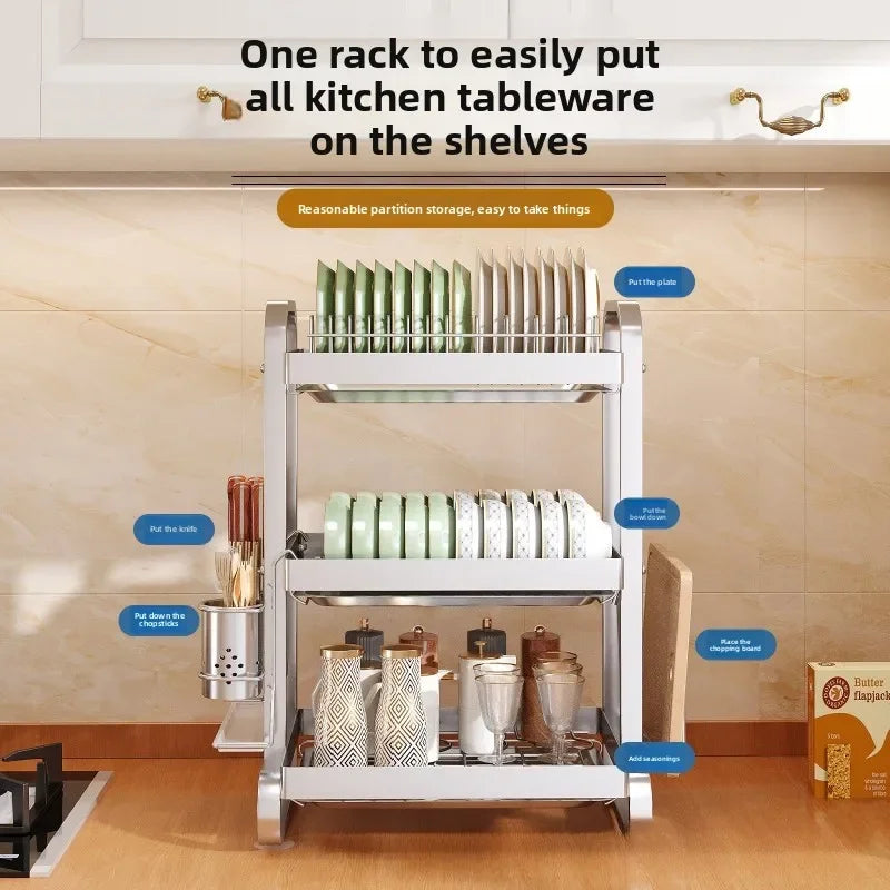 Stainless steel dish storage rack Drain rack Multi-layer kitchen rack Thickened square tube Multifunctional bowl and chopstick Oasis Select