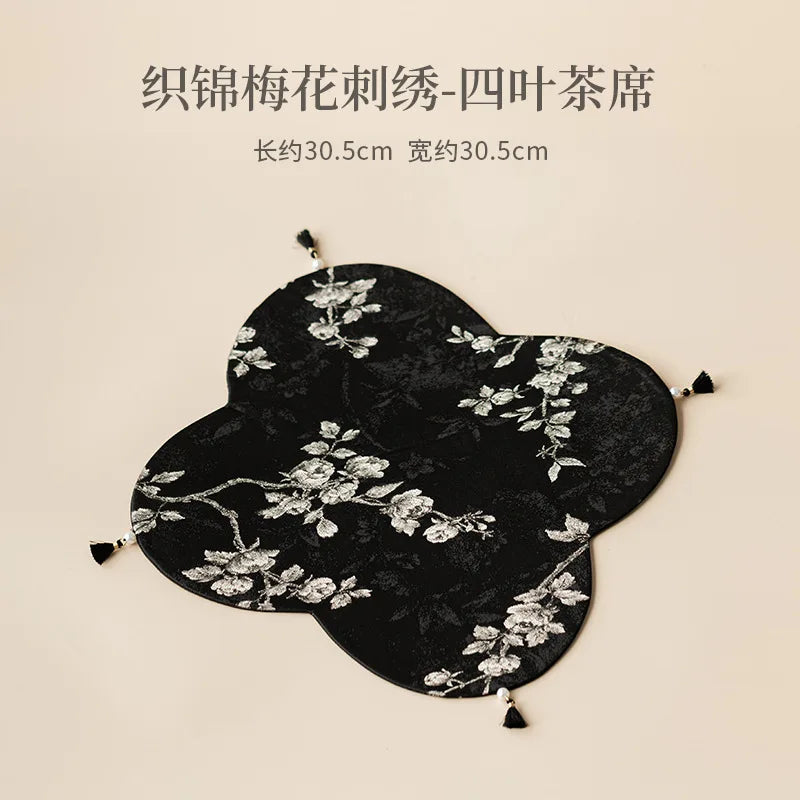 Brocade Plum Blossom Embroidery Double-sided Tea Mat Home Fabric Chinese Style Dry Bubble Tea Mat Tea Cup Teapot Heat Insulation Oasis Select - Four-leaf Tea Mat