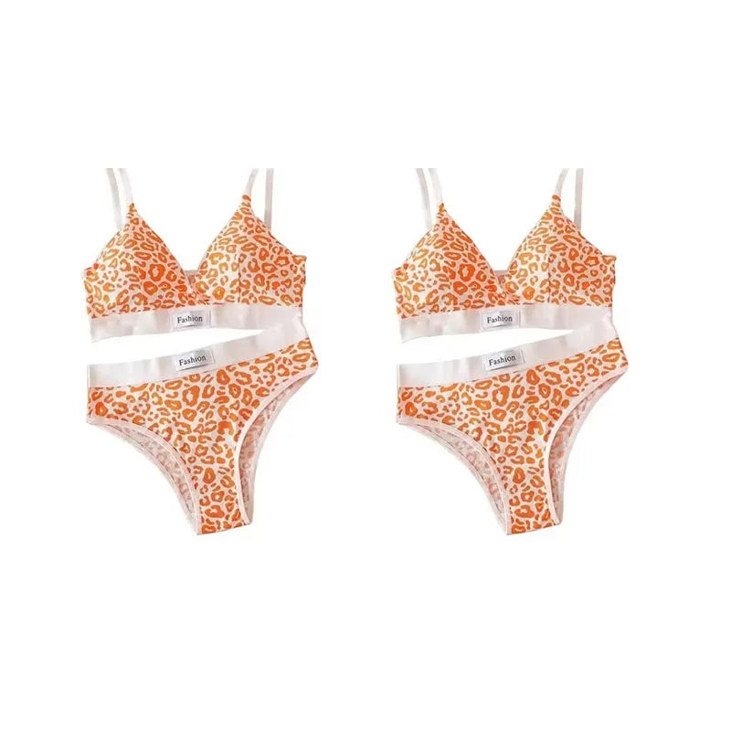 1-4pcs Summer Set New Women's Leopard Print Traceless and Steel Rim Bra Adjustable Shoulder Strap Back Women's Underwear Set Oasis Select Orange 2 set One Size