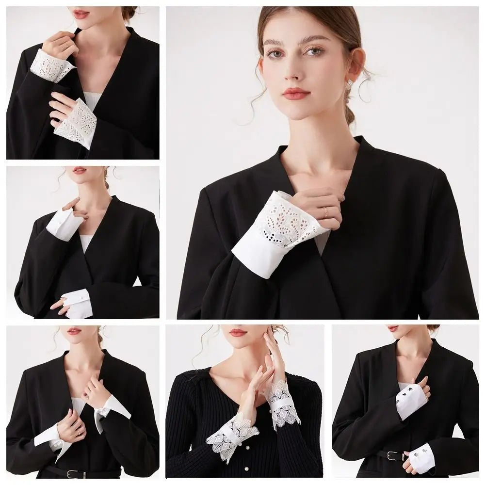 Fashion Polyester Detachable Lace Sleeves Lace White Fake Arm Sleeves Floral Embroidery Cuffs Women Oasis Select