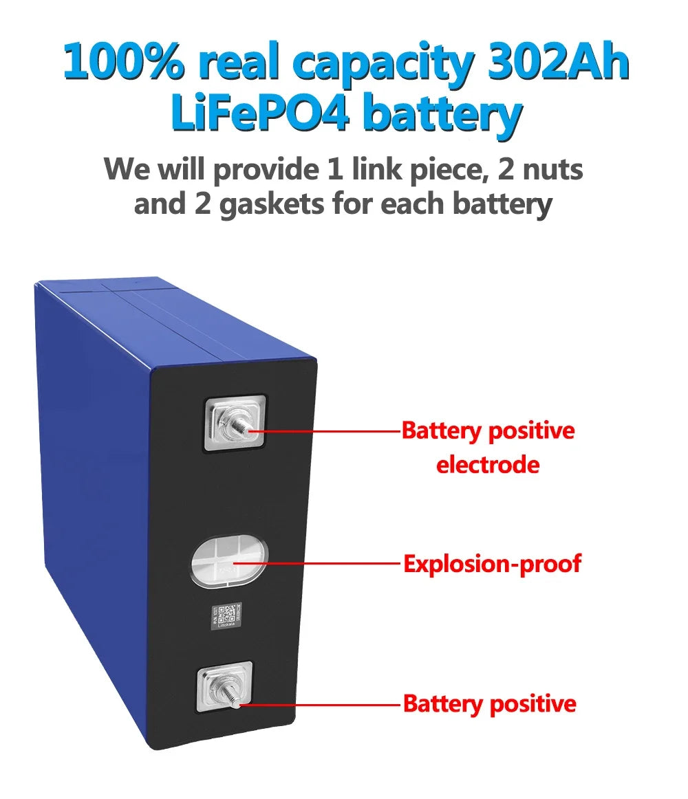 8PCS 3.2V 302Ah Lifepo4 Battery Cell Lithium Iron Phosphate Solar RV Grade A DIY 12V 24V 310Ah RV Boat Home Energy Oasis Select