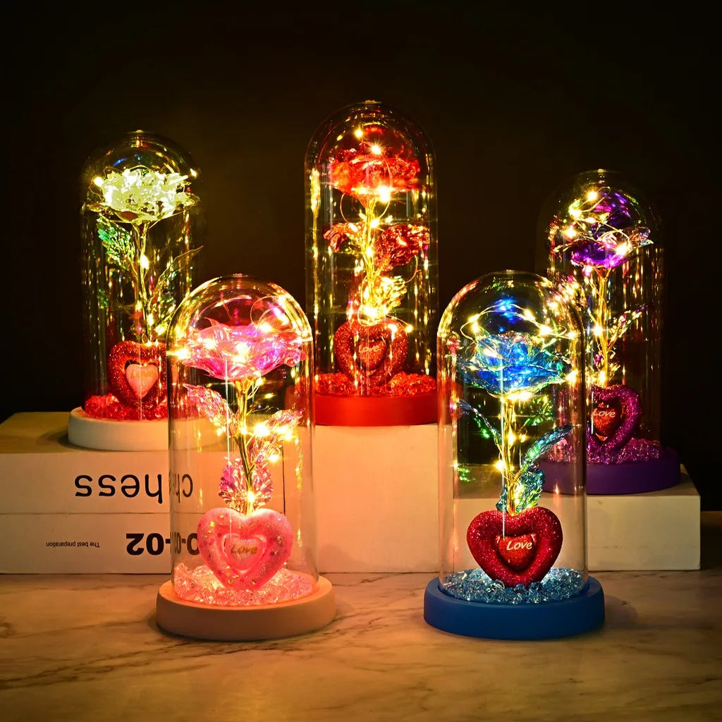 Romantic Rose Ornament Delicate Led String Lights Decoration Glass Dome Rose Charming Luxury Glass Display Rose For Home Decor Oasis Select
