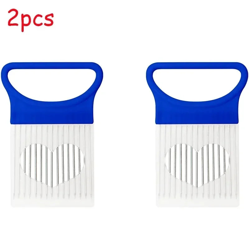 1-4pcs Stainless Steel Onion Holder Slicer Needle Fork Vegetable Fruit Slicer Tomato Cutting Holder Kitchen Tools Accessories Oasis Select blue-2pcs