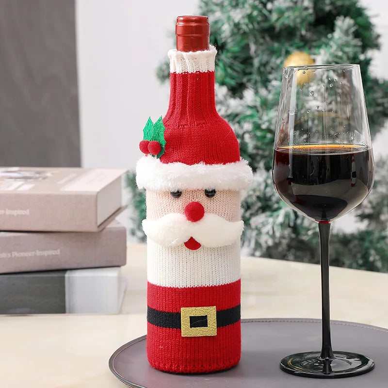 Christmas Knitted Wine Bottle Covers with A Snowman and Reindeer Atmosphere for Table Decoration Oasis Select Santa Claus 2PCS 27x10x2cm