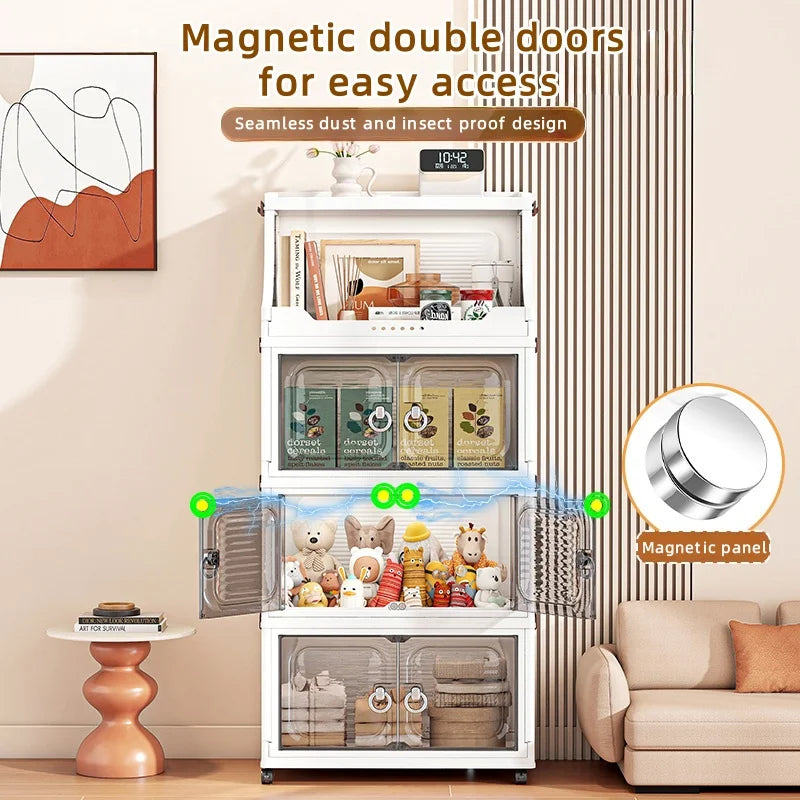 37cm Foldable Double-Door Storage Cabinet-Large Capacity Mobile Organizer with Wheels for Kitchen, Bedroom,Living Room Storage Oasis Select