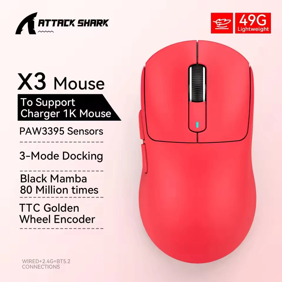 ATTACK SHARK X3 Wireless Tri Mode Gaming Mouse,49g Ergonomic PC Mouse, PAW3395 26K DPI Optical Sensor,Programmable Buttons Oasis Select X3 Red