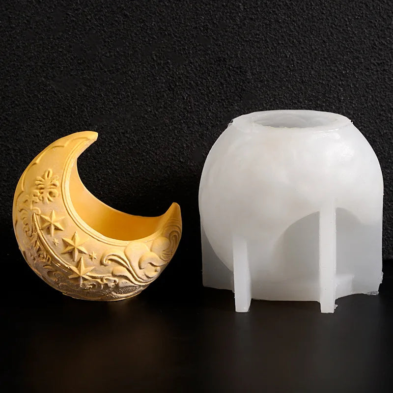Embossed Moon Candle Holder Mold Star Half Moon Candle Cup Wave Moon Plaster Flower Pot Container Silicone Mold Oasis Select