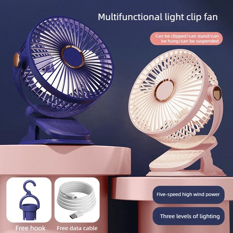 4 in 1 USB Rechargeable Fan with LED Night Light 5 Speed 720° Adjustable Low Noise Mini Desk Clip Fan For Home Office Camping Oasis Select