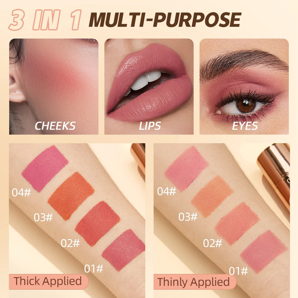 QIBEST 3-in-1 Makeup Stick – Lipstick, Blush & Eyeshadow