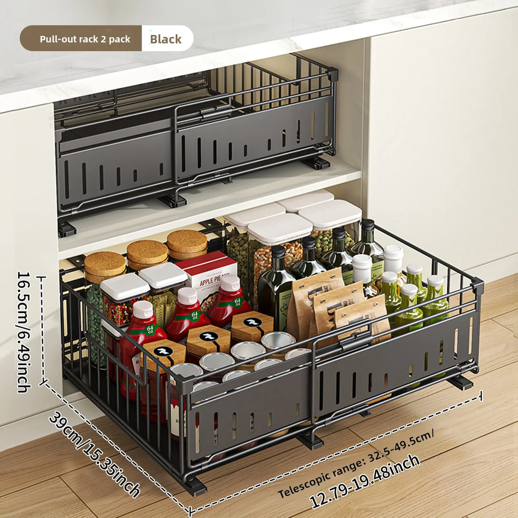 Kitchen telescopic drawer pull basket foldable pull-out rack wardrobe multi-functional storage rack cabinet layered rack Oasis Select Black 2-piece set