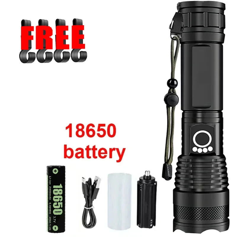 Powerful Led Flashlight All Aluminum Alloy Rechargeable Tactical Torch Light with18650 Battery Outdoor Camping Hiking Lantern Oasis Select S001-Battery-clip 2PCS