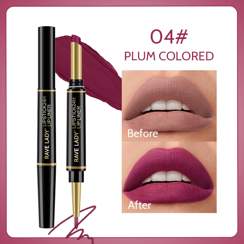 Rave Lady 2 IN 1 Matte Lipstick Lipliner Pencil 6 Color Christmas Gift Waterproof Lipstick Sexy Red Long Lasting Lipliner Makeup Oasis Select 04 Plum Colored 1.3g