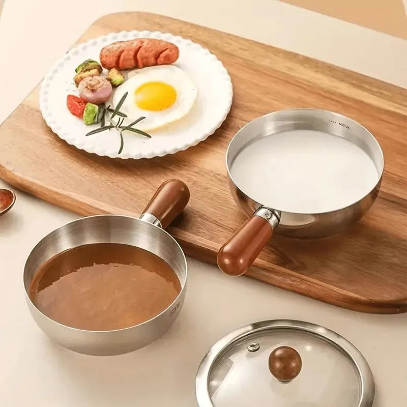 1pcs Heatproof Wood Handle Stainless Steel Milk Pot Non-slip Bottom Even Heating & Induction Cooker Available Oasis Select