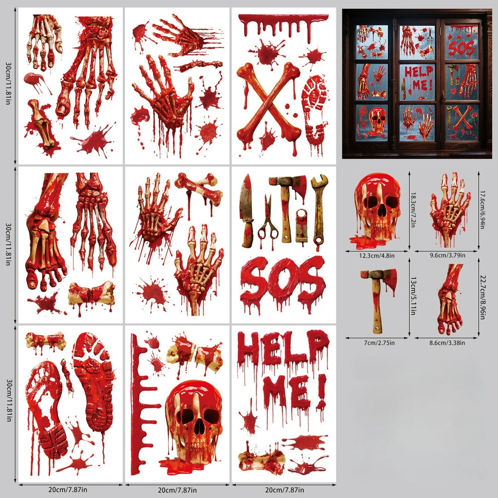 New Halloween 3D Three-dimensional Blood Handprint Sticker Bone Horror Sticker Holiday Party Decoration Window Sticker Oasis Select