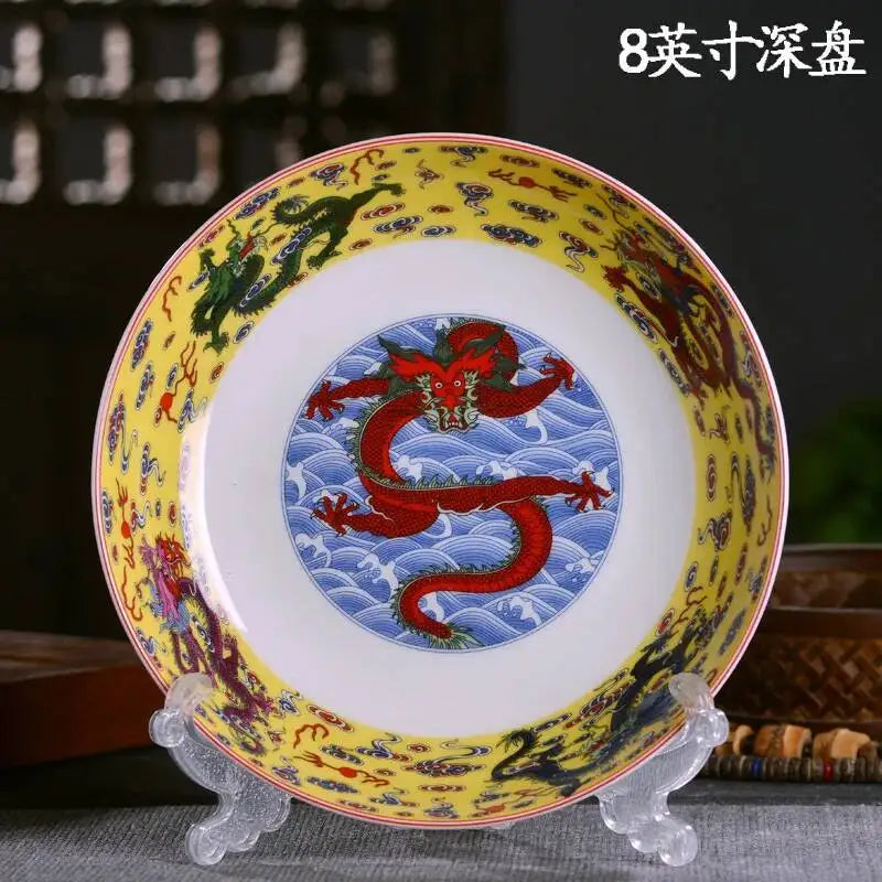 Ceramic Dragon Dish Chinese Bone Porcelain Deep Flat Dish Slag Dish Oasis Select 8in Deep Plate