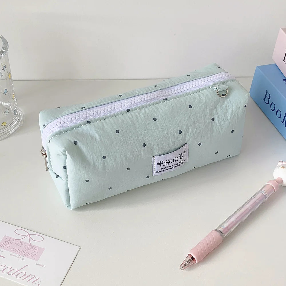 Fashion Korean Polka Dot Solid Color Pencil Case Student Stationery Large Capacity Storage Pen Bag Cute Girl Makeup Bag Gift Oasis Select Light green