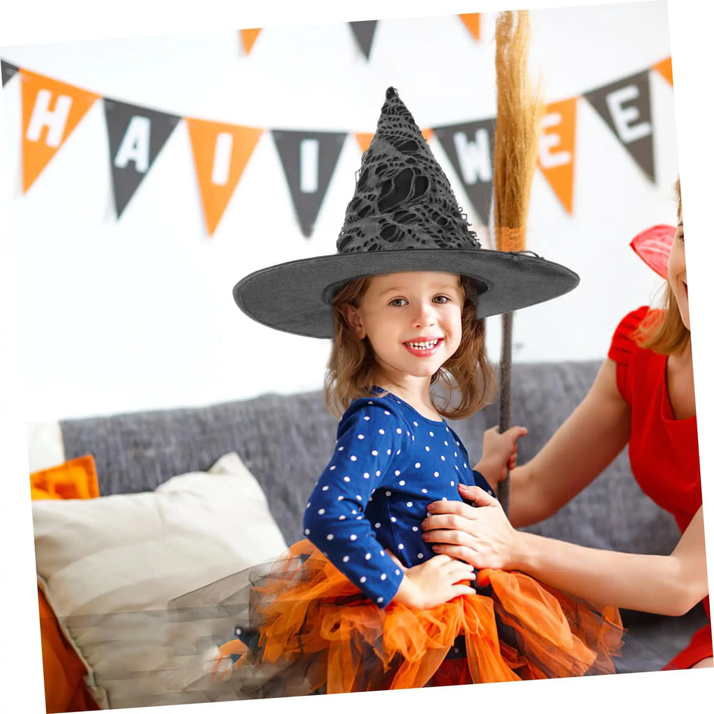 Halloween Witch Hat – Tulle Pumpkin Print Curved Brim Costume