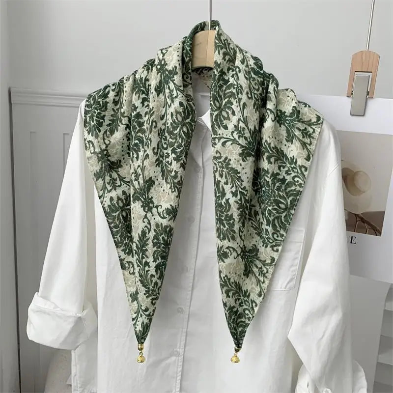 70x70 Retro Print Square Silk Scarf with Magnetic Buckle