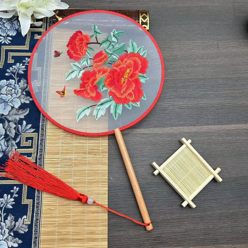 Chinese Style Classical Embroidery Group Fan Gifts Cheongsam Catwalk Photo Props Stage Performance Show Dance Party Round Fan Oasis Select Red Peony
