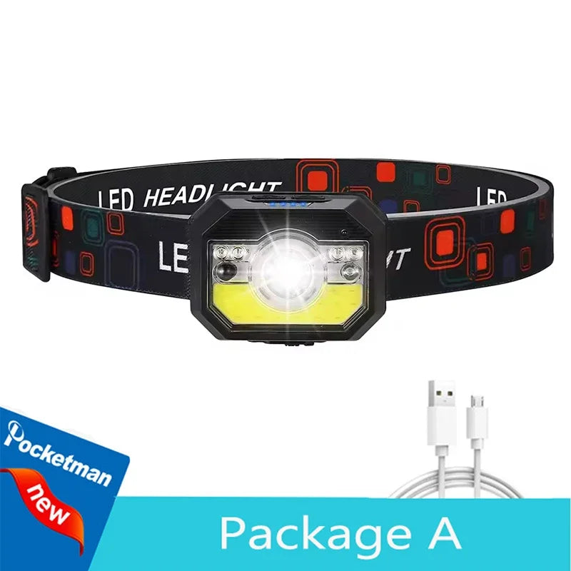 IR Motion Sensor LED Headlamp Super Bright USB Rechargeable Headlight Outdoor Emergency Light Night Fishing Head Lamp Oasis Select Package A Built-in battery