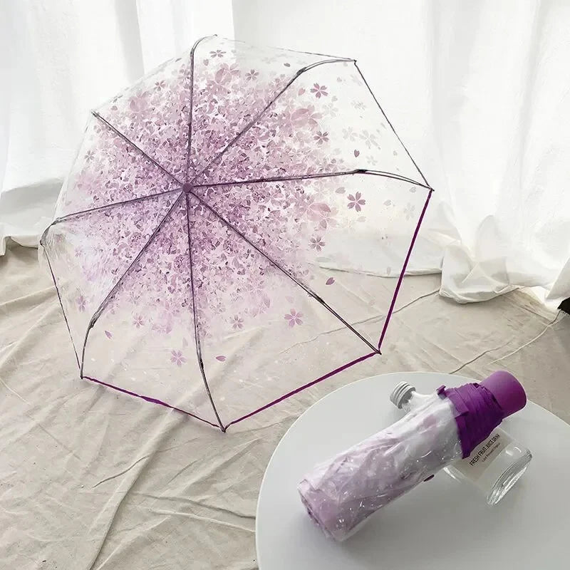 Automatic/Manual Opening And Closing Romantic Cherry Blossom Transparent Folding Umbrella Fresh Transparent Three-Fold Umbrella. Oasis Select