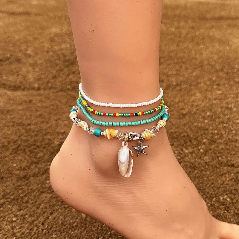 Colorful Bohemian Anklet Set Starfish Shell Beads Ankle Bracelet Women Boho Charm Pendant Handmade Fashion Jewelry Gift Oasis Select 1