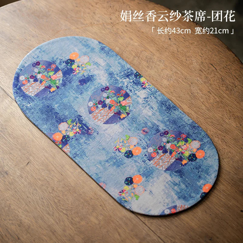 Double-sided Silk Fragrant Cloud Yarn Tea Mat Chinese Style Tea Table Heat Insulation Waterproof Mat Chinese Zen Dry Foam Mat Oasis Select Mat - Round Flower