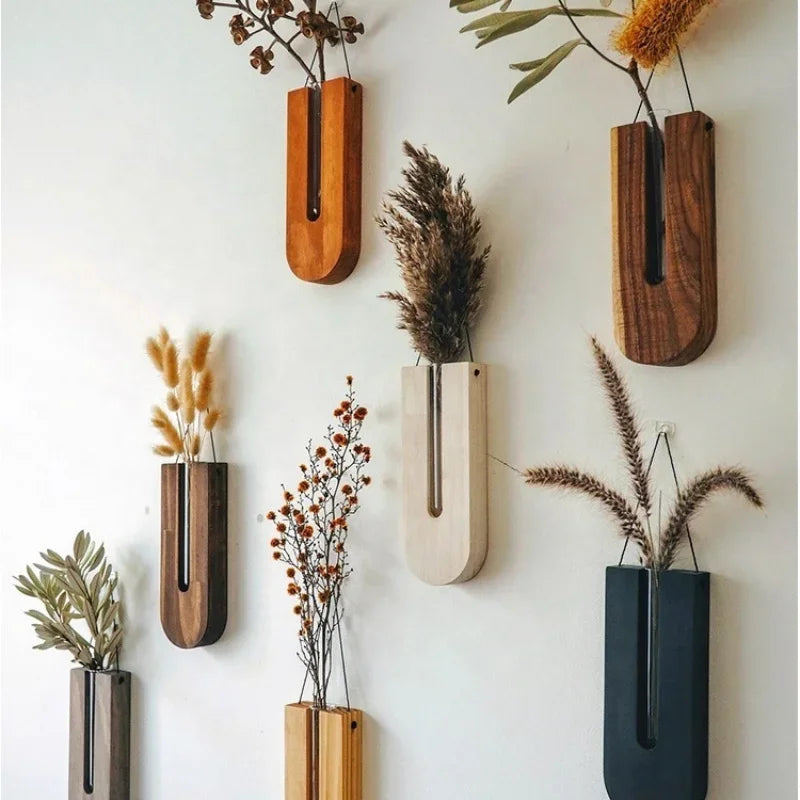 Wooden Hanging Planters Bohemia Wall Plant Propagation Terrarium Flower Tube Vase with Wood Stand, Indoor Propagator for Plants Oasis Select