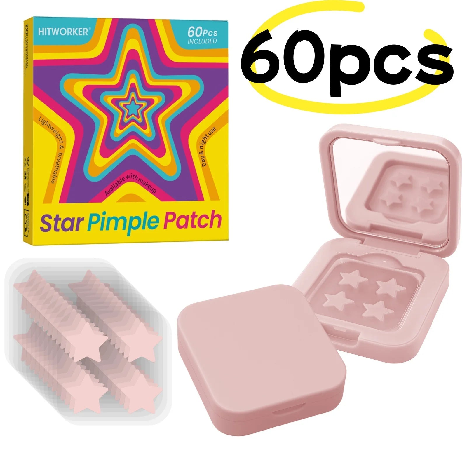 60 pieces/box of 4 color star shaped acne stickers - water-based gel acne cover stickers, facial patches with makeup mirror Oasis Select 60pcs 2