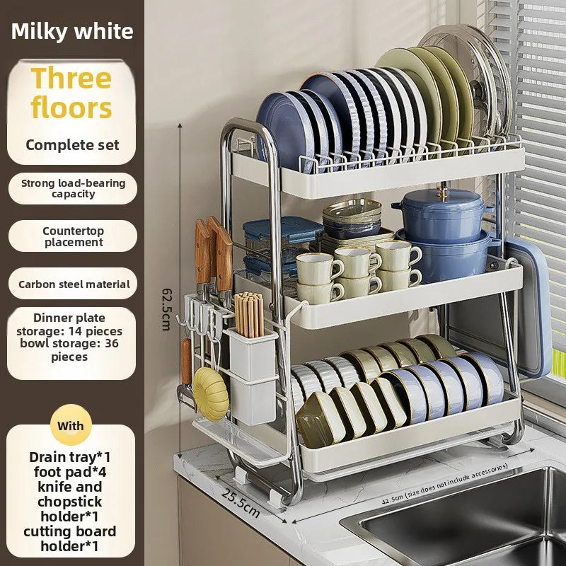 Kitchen Bowl Rack Drain Rack Stainless Steel Tableware Plate Storage Shelf Milk White Household Multifunctional Countertop Oasis Select White 3 layer TZ