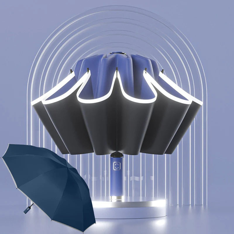 Umbrella Windproof Strong With Reflective Stripe Reverse Automatic Fold Umbrella UV Umbrella Insulation Portable Parasol Big Oasis Select blue-1pcs 10K