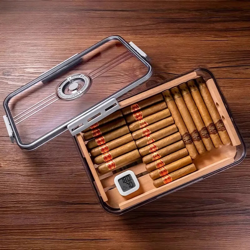 Cigar Box with Alcohol Nourishing Transparent Built-in Hygrometer Sealed Cigar Moisturizing Box Large-capacity Storage Oasis Select
