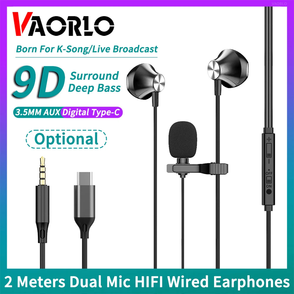 Digital Chip Wired Earphone 3.5mm AUX/Type C 9D HiFi Surround HD MIC In-Ear Karaoke Headsets For Samsung Huawei Xiaomi iPad PC Oasis Select
