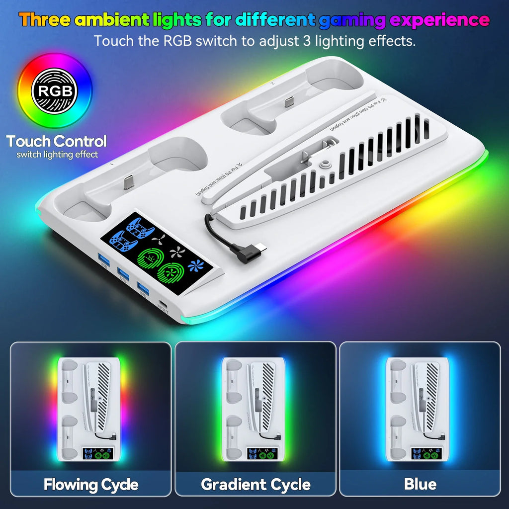 PS5 Stand with Cooling Fan, RGB Lighting & Controller Charging Hub