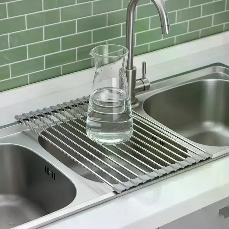Roll Up Dish Drying Rack | Foldable Stainless Steel Sink Mat