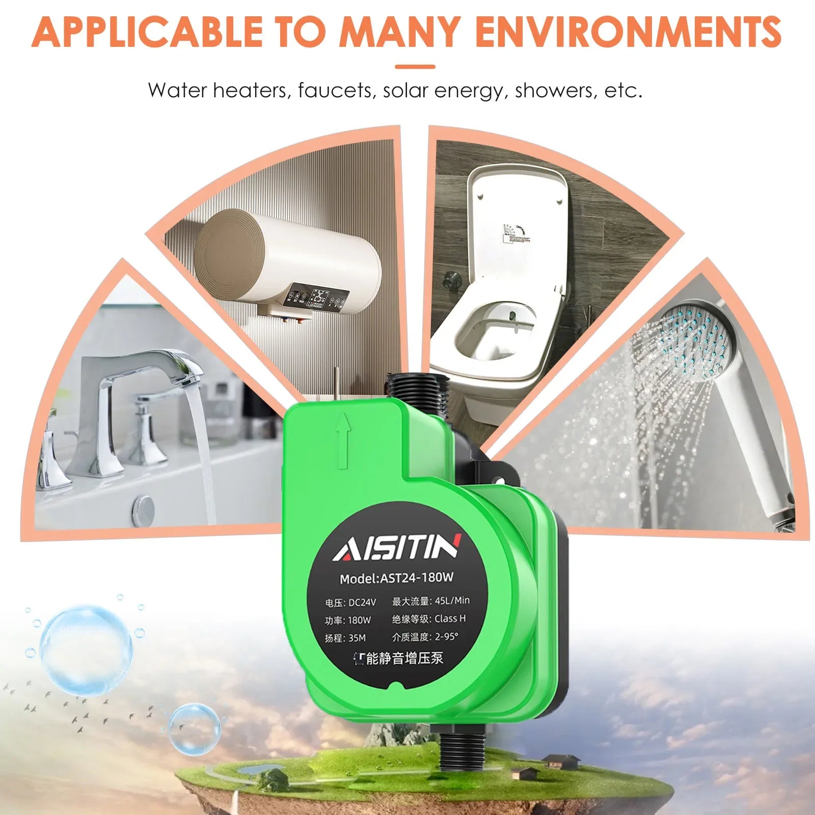 180W Auto Booster Pump Automatic for Low Water Pressure in Home 24V Auto Pressure Controller Household Water Heater Boost Shower Oasis Select