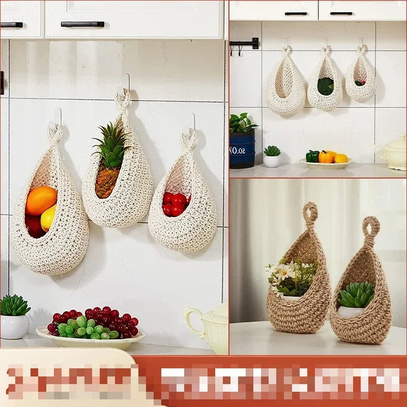 Hanging Water Droplet Net Bag Hanging Wall Vegetable and Fruit Storage Basket Handmade Cotton Rope Woven Bird's Nest Oasis Select