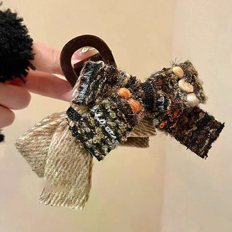 Retro Autumn And Winter Wool-blend Color-block Double Bow Hair Clip For Women Girls Large Shark Clip Hair Accessories Oasis Select