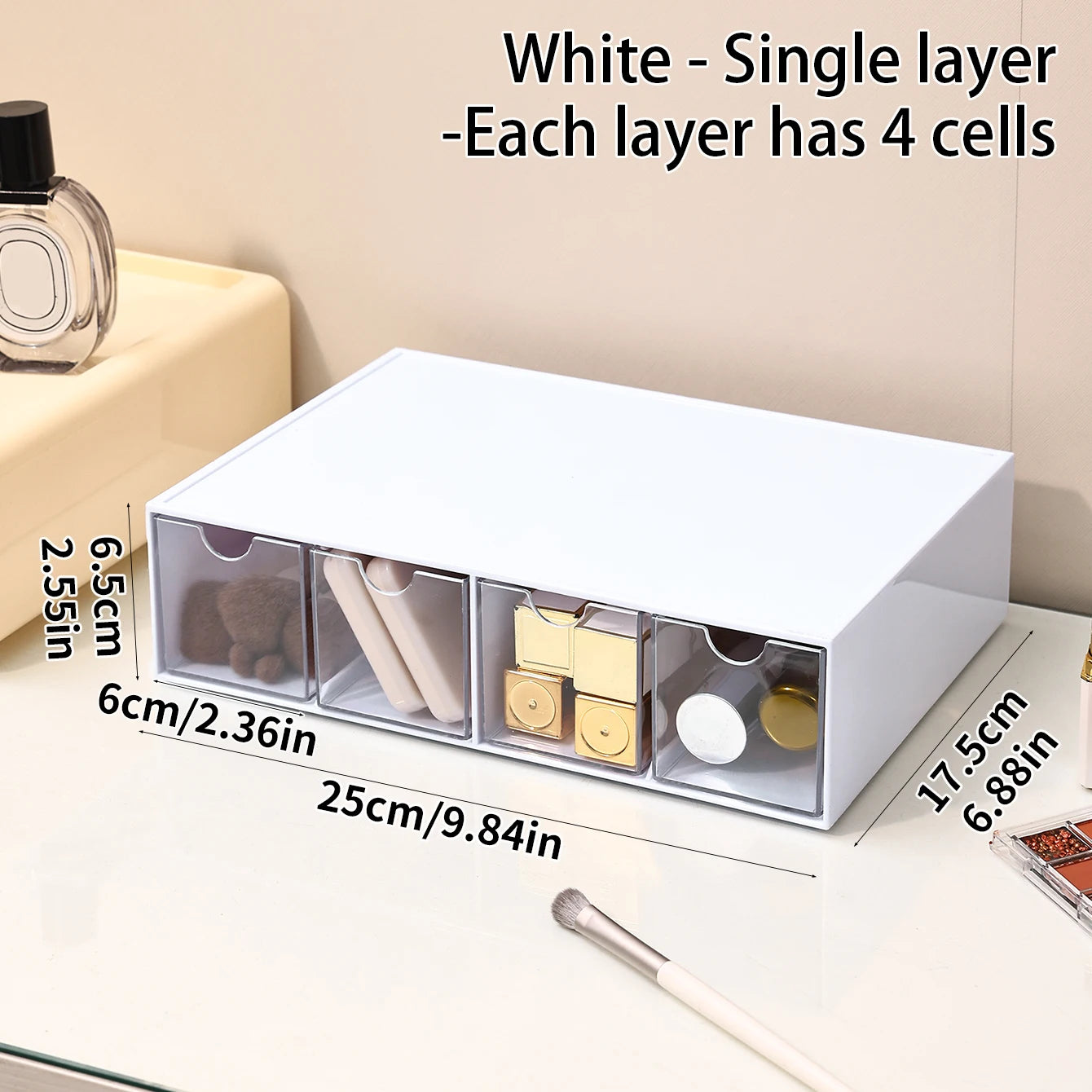 1pc one layer four grid transparent/white acrylic cosmetics storage box, stackable drawer style dressing table display box Oasis Select white
