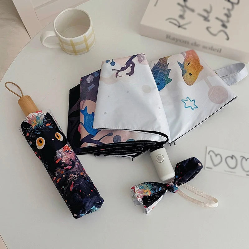 Cute Cartoon Fish and Cat Folding Umbrella Sun Protection Rain-proof UV Protection Umbrella Fully Automatic Sun Umbrella Oasis Select