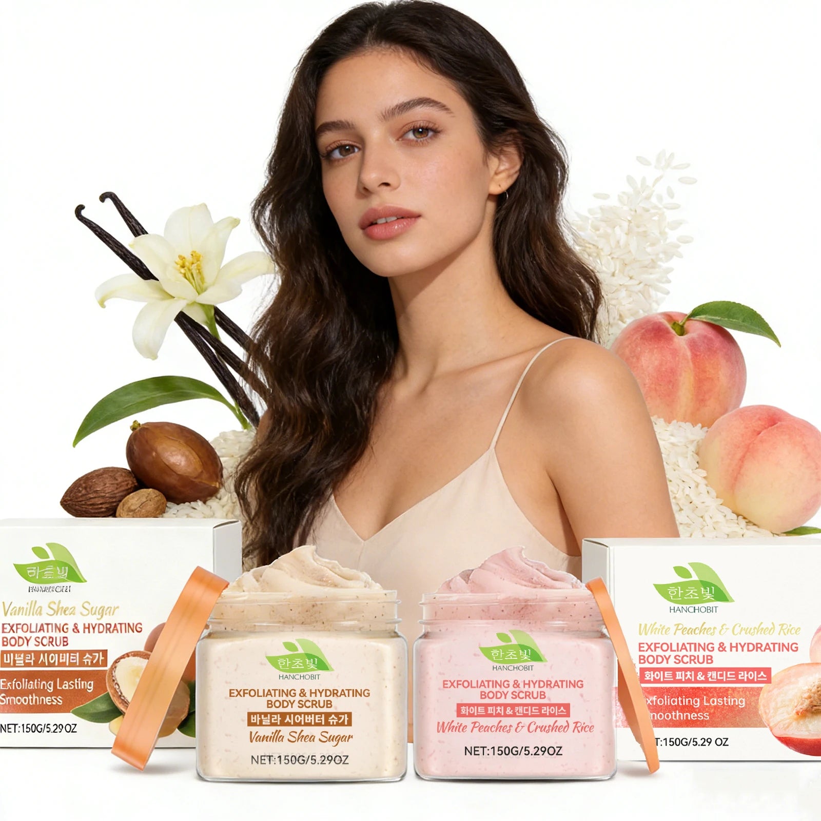 White Peach / Vanilla Shea Fruit Exfoliating Body Scrub for Dead Skin Removal Deep Cleansing Pore Shrinking Nourishing Skin Care Oasis Select