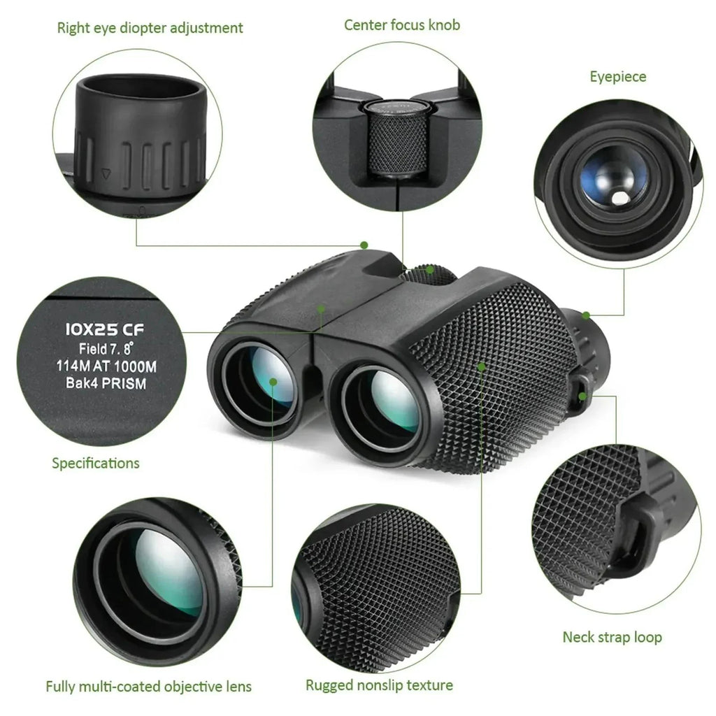 Binoculars 10X25 HD Mini Portable Telescope BAK4 FMC Coated Telescope Outdoor Bird Watching Hunting Travel Camping Ball Game Oasis Select