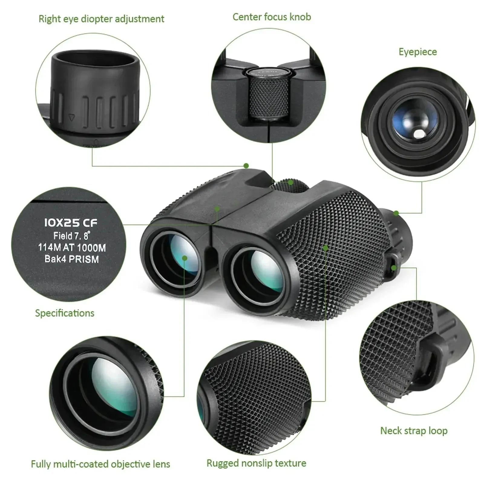 Binoculars 10X25 HD Mini Portable Telescope BAK4 FMC Coated Telescope Outdoor Bird Watching Hunting Travel Camping Ball Game Oasis Select