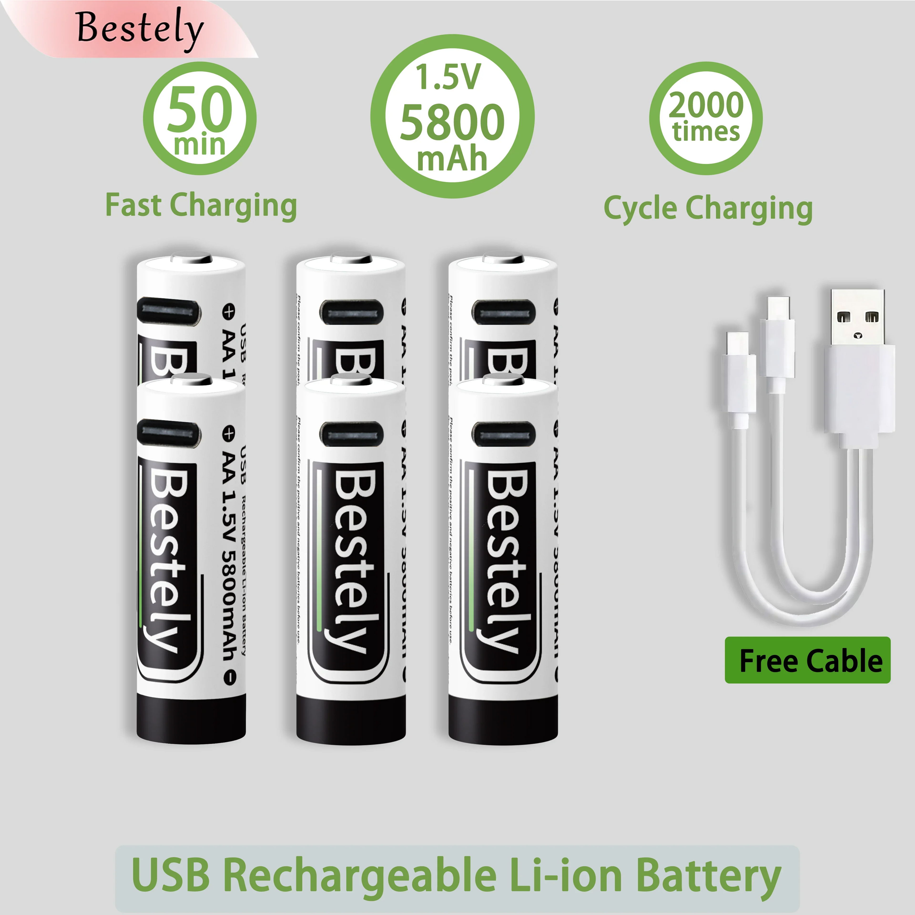 Bestely USB 1.5V AA 5800mAh Lithium ion Rechargeable Battery, AA Fast Charging Li-ion Akku , 2000 Cycle with USB- C Port Cables Oasis Select