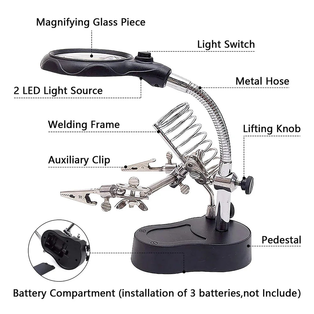 3.5X 12X Helping Hands Third Hand Soldering Iron Welding Stand Station with 2 LED Clip Welding Magnifier Magnifying Glass Oasis Select MG16126-A