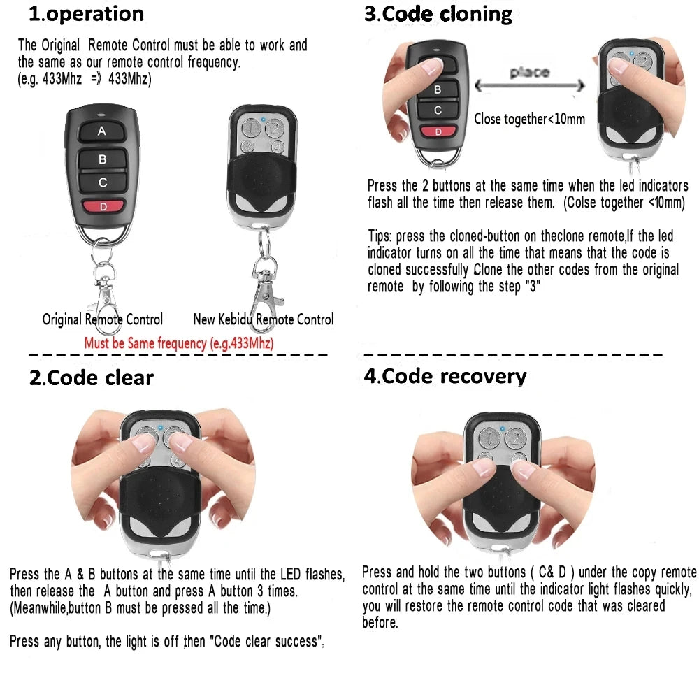 433MHZ 433.92 MHZ Copy Remote Control Auto 4 Channe Code Garage Gate Door Opener Remote Control Duplicator Cloning Code Oasis Select
