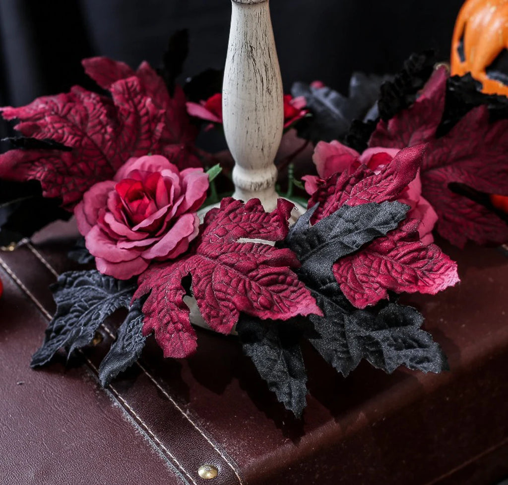 Halloween Artificial Rose Flowers Red&Black Silk Fake Maple Leaves Candlestick Wreath for Home Party Dining Table Candle Holders Oasis Select