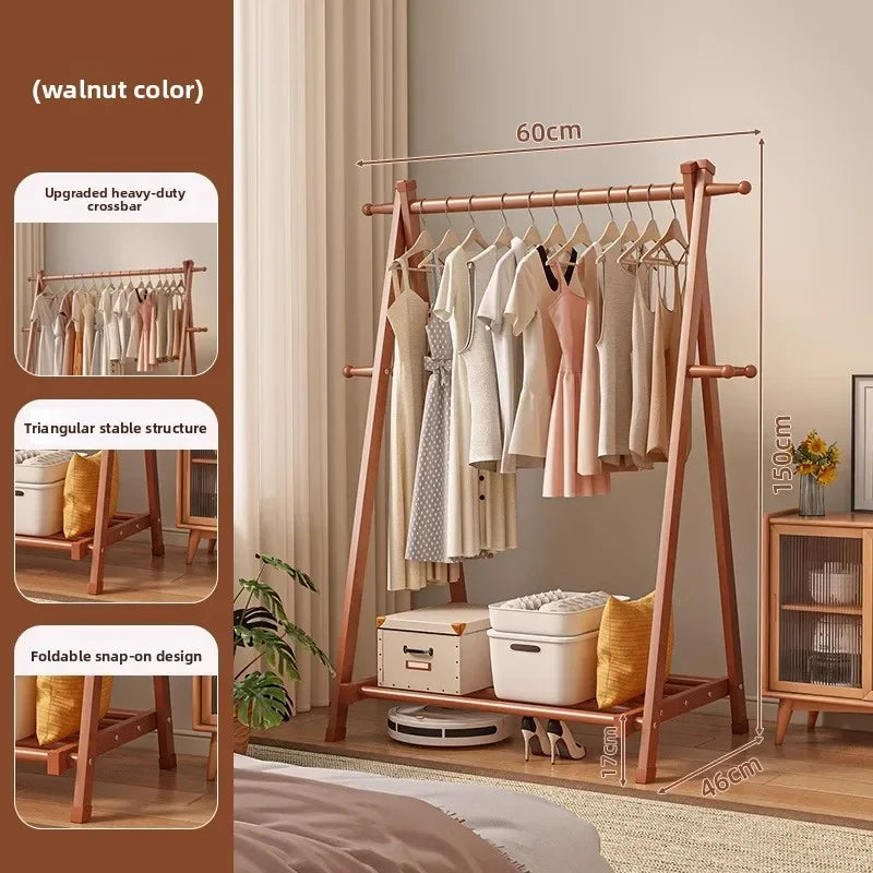 Solid wood coat rack household hanger floor-to-ceiling bedroom balcony drying clothes storage rack hanging bag rack Oasis Select Walnut-60cm
