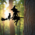 Enchanting Witch & Cat Garden Decor - Durable Iron Art with Flying Broomstick, for Halloween & Outdoor, Outdoor Garden Decor Oasis Select 1pc